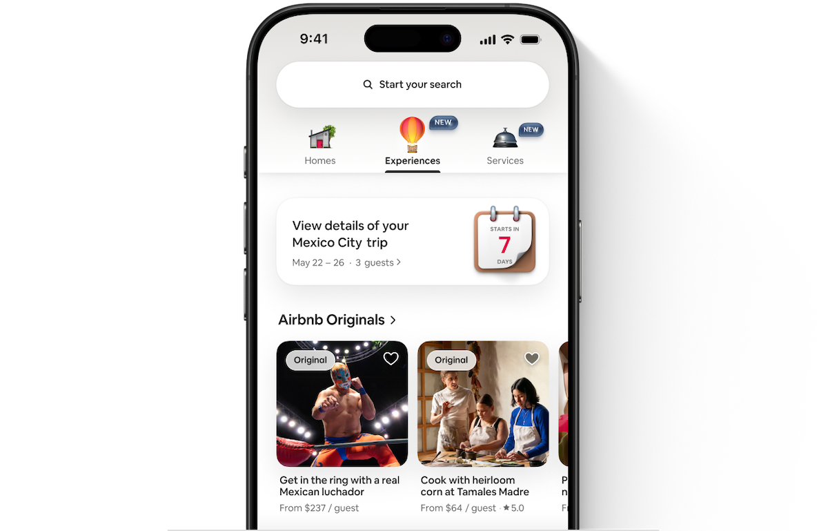 Airbnb app showing three new tabs in the redesigned app representing homes, experiences, and services.