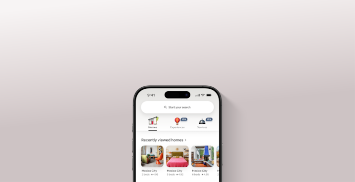 重新設計過的 Airbnb 應用程式畫面顯示三個新分頁:房源、體驗和服務。