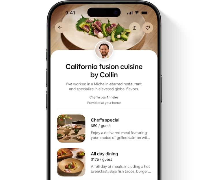 A guest’s view of a services listing that includes host photo and bio, an image of each offering, details, and pricing.