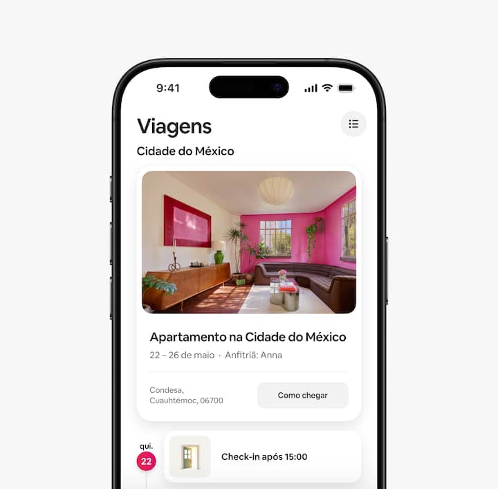 O aplicativo do Airbnb mostrando a aba Viagens com informações como o horário de check-in.
