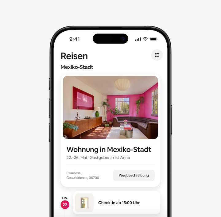 Die Airbnb-App zeigt das Tab „Reisen“ mit Details wie der Check-in-Zeit an.