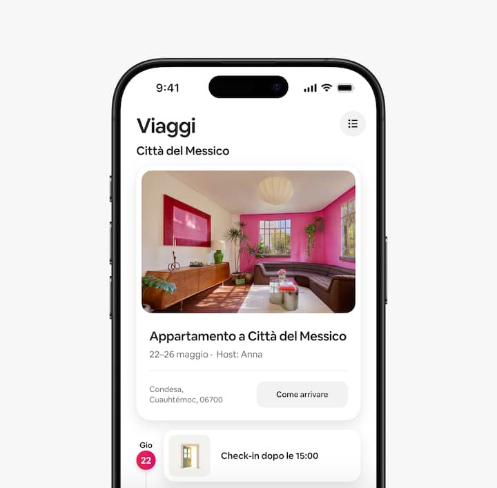 L'app di Airbnb mostra la scheda Viaggi con i relativi dettagli, tra cui l'orario di check-in.