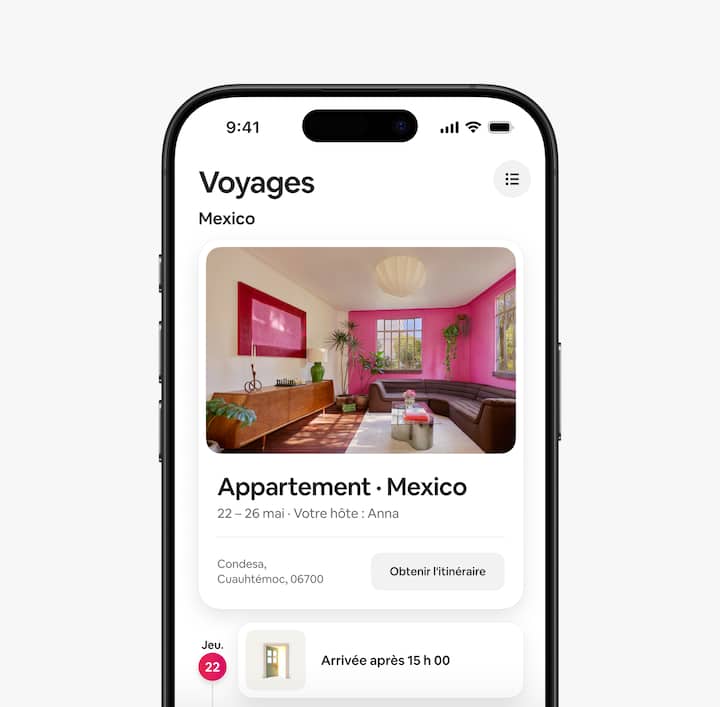 Dans l'appli Airbnb, l'onglet Voyages affiche des détails, y compris l'heure d'arrivée.