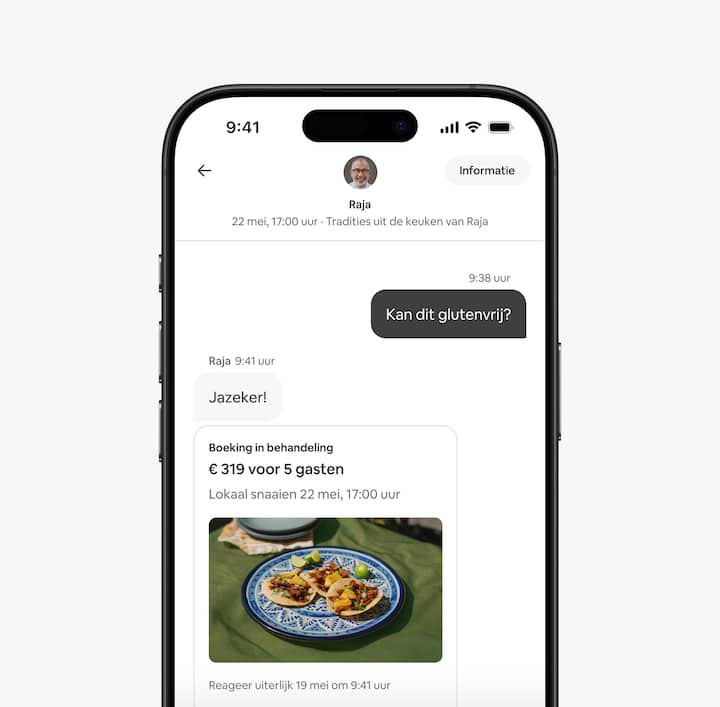 De Airbnb-app met een bericht van een gast aan een servicehost om een maaltijd aan te passen.