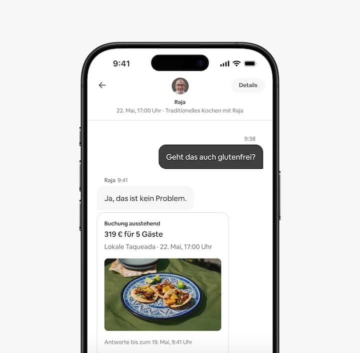 Die Airbnb-App zeigt eine Nachricht eines Gastes an den Gastgeber oder die Gastgeberin eines Services an, der/die eine bevorstehende Mahlzeit zusammenstellt.