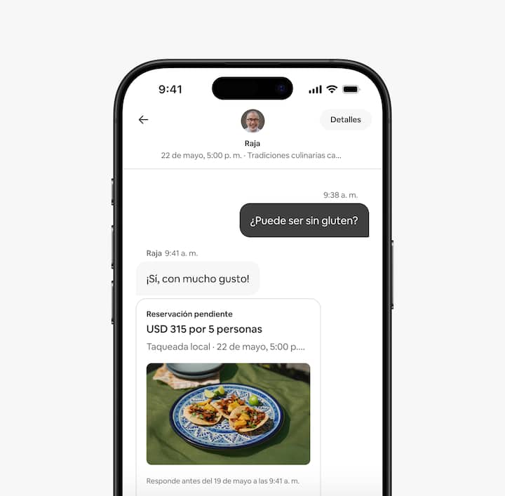 La app de Airbnb muestra el mensaje de un participante a un anfitrión de Servicios para hacer algunos cambios en una comida programada.