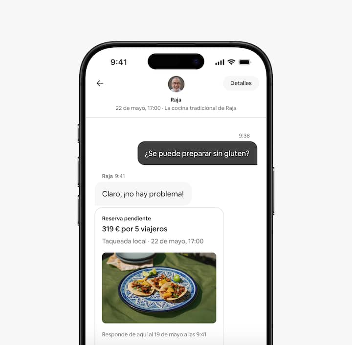 La app de Airbnb muestra el mensaje de un viajero a un anfitrión de servicios para hacer algunos cambios en una comida programada.