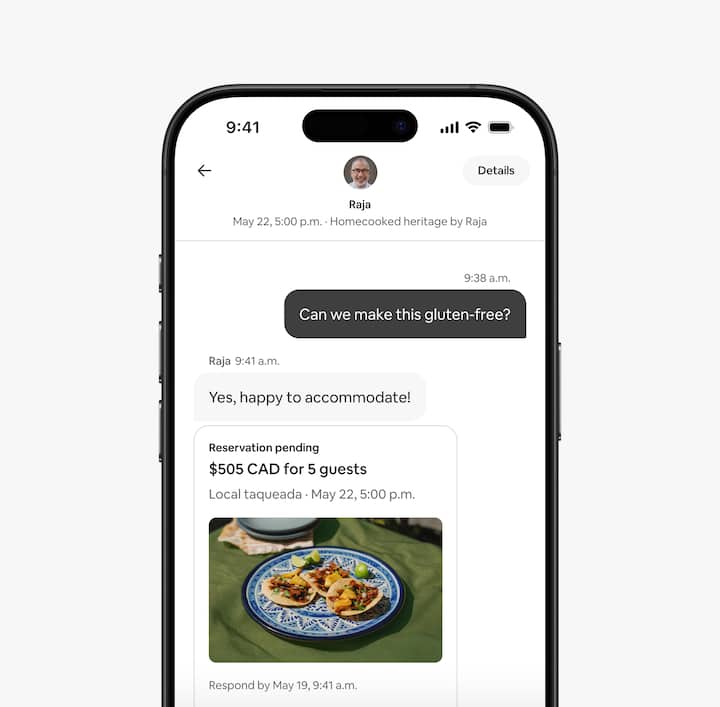 Airbnb app showing a guest message to a service host customizing an upcoming meal.