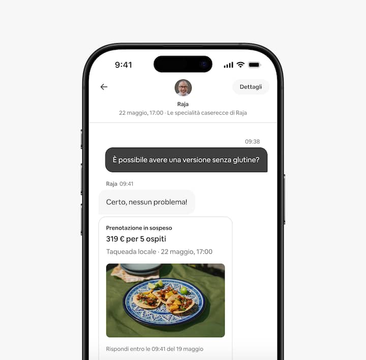 L'app di Airbnb mostra un messaggio inviato da un ospite a un host di servizi per richiedere una modifica al pasto prenotato.