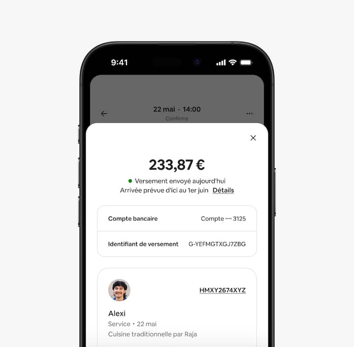 Un écran dans l'application montre la réception d'une confirmation de paiement par un hôte.