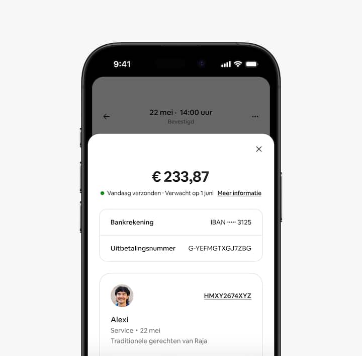 Een scherm in de app waarop een host een betalingsbevestiging krijgt.