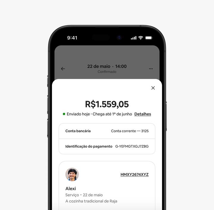 Um ecrã da aplicação a mostrar um anfitrião a receber a confirmação de um pagamento.