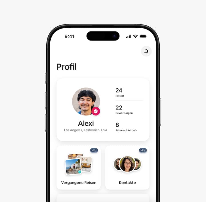 Die Airbnb-App zeigt das aktualisierte Tab „Profil“ mit zurückliegenden Reisen und Kontakten an.