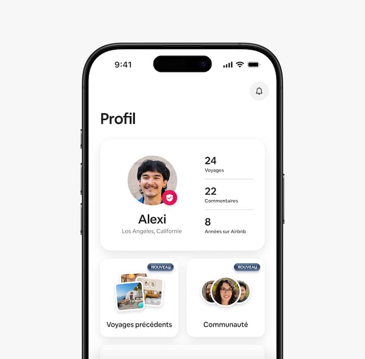 L'appli Airbnb montre l'onglet Profil mis à jour qui affiche les voyageurs rencontrés et les séjours précédents.