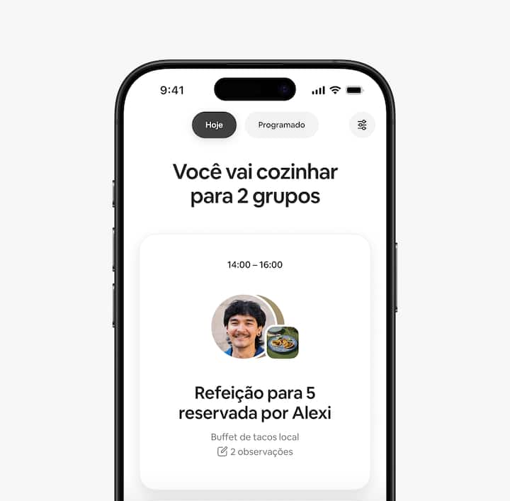 O separador Hoje na aplicação Airbnb, visto por um anfitrião, com informações relevantes acerca das reservas em curso.