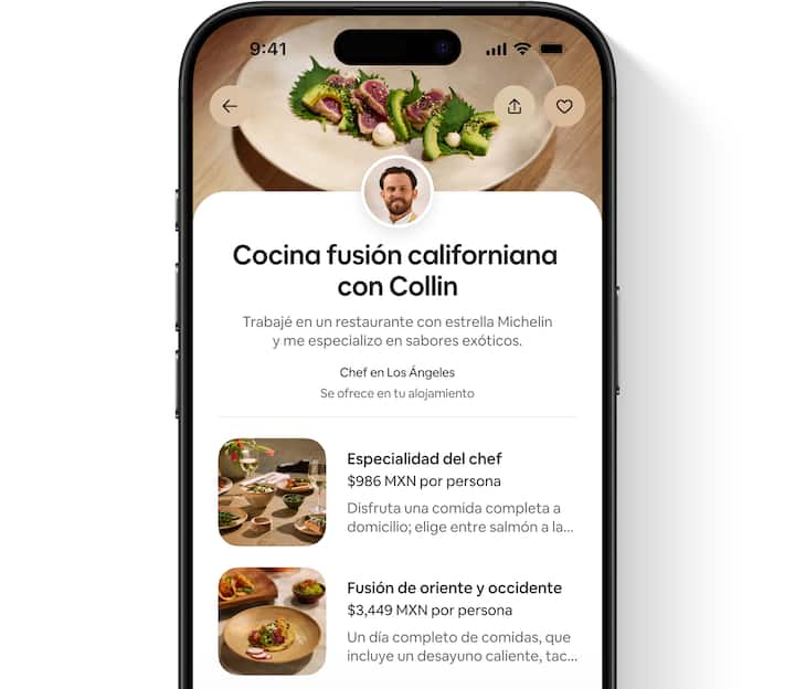 Vista del huésped de un anuncio de servicios que incluye la foto y la biografía del anfitrión, una imagen de cada oferta, detalles y precios.