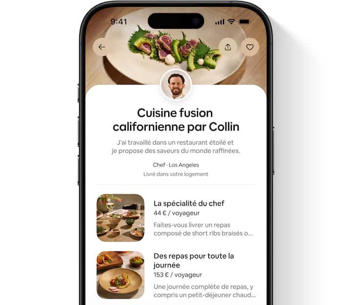 Une vue de l'écran d'un voyageur montre une annonce de services comprenant une photo et une présentation de l'hôte, une image pour chaque offre, différents détails ainsi que les prix.