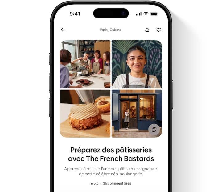 Une vue d'une annonce d'expérience telle qu'elle apparaît pour un voyageur met en avant les photos, la description, l'évaluation globale et le nombre de commentaires apparaissant sur l'annonce.