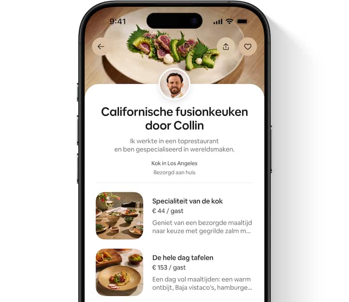 De advertentie van een service gezien vanuit een gast met de foto en de bio van de host, een afbeelding van het aanbod, informatie en tarieven.