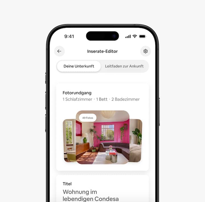 Die Airbnb-App zeigt an, wie einfach Einstellungen und Details im Tab „Inserate“ angepasst werden können.