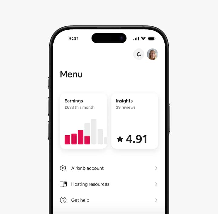 Airbnb app showing host earnings and insights in the Menu tab.