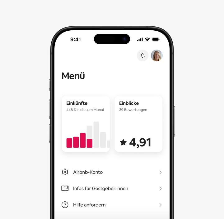 Die Airbnb-App zeigt im Tab „Menü“ Einkünfte und Einblicke für Gastgeber:innen an.
