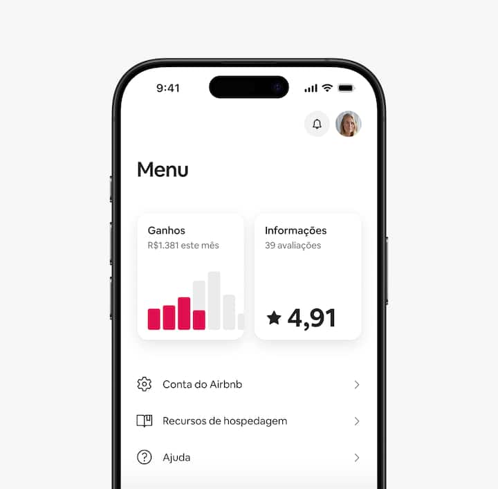 O aplicativo do Airbnb mostra os ganhos e as informações do anfitrião na aba Menu.