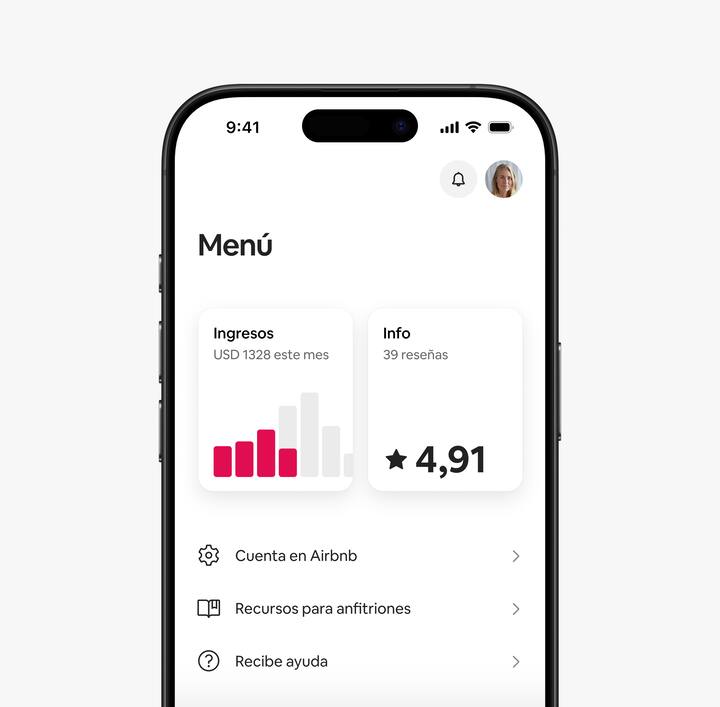 La app de Airbnb muestra los ingresos y los datos del anfitrión en la pestaña Menú.