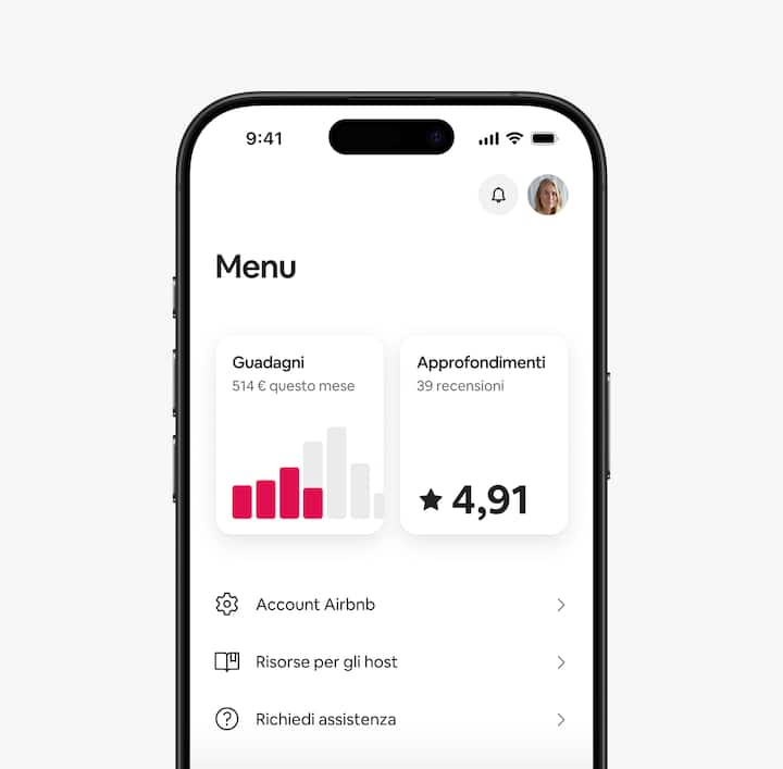 L'app di Airbnb mostra i guadagni e gli approfondimenti degli host nella scheda Menu.