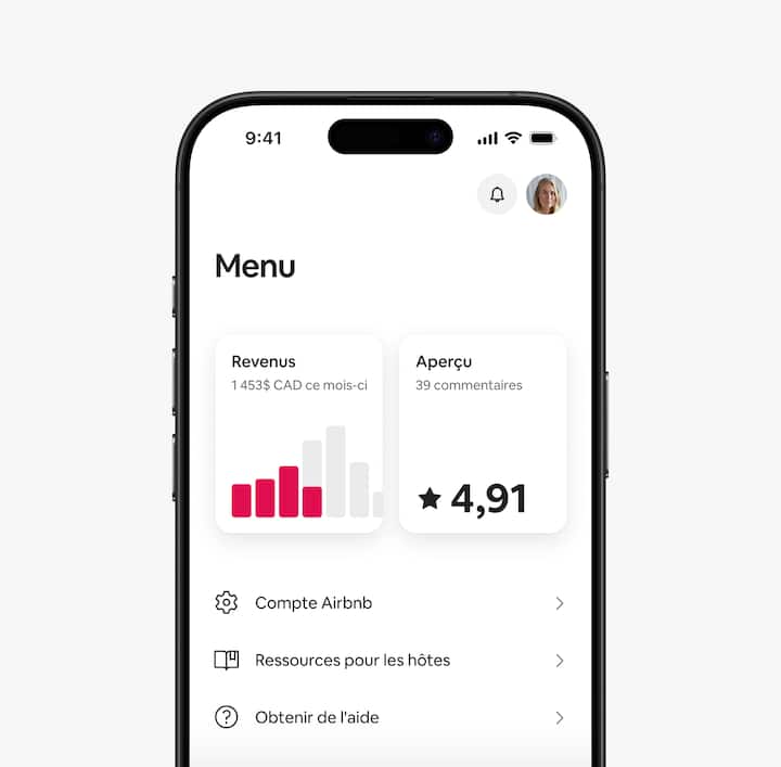 L'appli Airbnb montre les revenus et les informations de l'hôte dans l'onglet Menu.