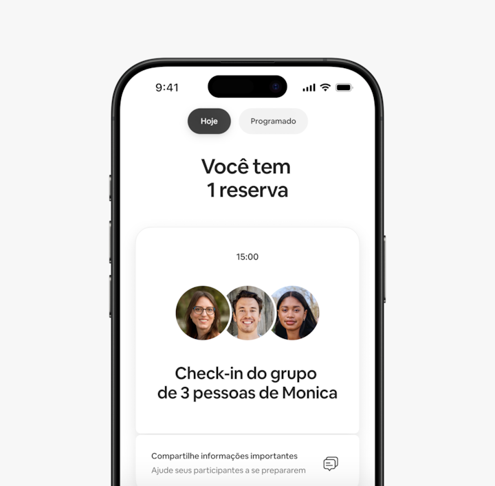 O aplicativo do Airbnb mostrando as reservas atuais, lembretes de acompanhamento e reservas futuras. 