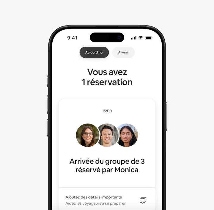 L'application Airbnb présentant les réservations en cours, les rappels de suivi et les réservations à venir.