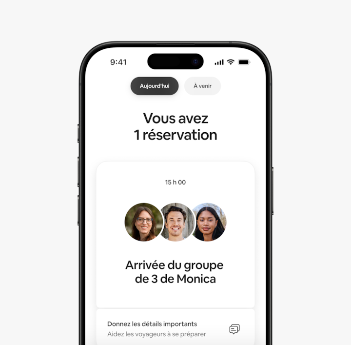 L'appli Airbnb montre les réservations en cours, les rappels de suivi et les réservations à venir.