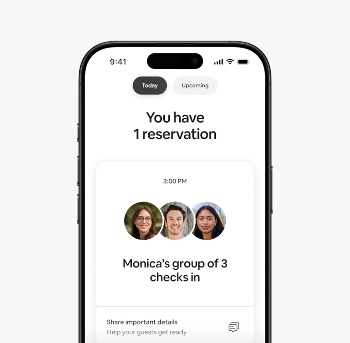 Airbnb app showing current bookings, follow-up reminders and upcoming reservations.