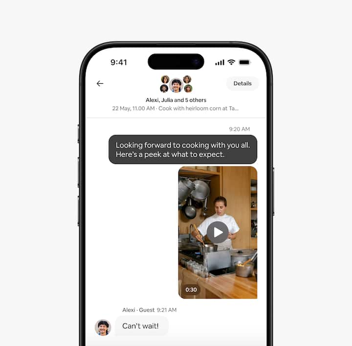 An experience host’s in-app message thread with guests where they share an introductory video.