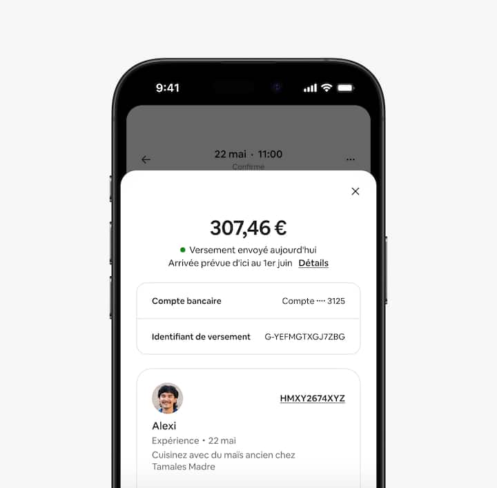 Un écran dans l'application montre la réception d'une confirmation de paiement par un hôte.