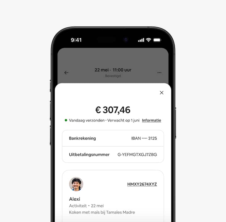 Een scherm in de app toont hoe een host een betalingsbevestiging ontvangt.