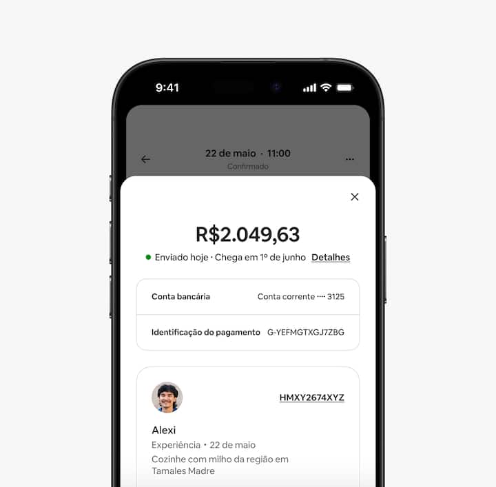 Tela no aplicativo que mostra um anfitrião recebendo uma confirmação de pagamento.