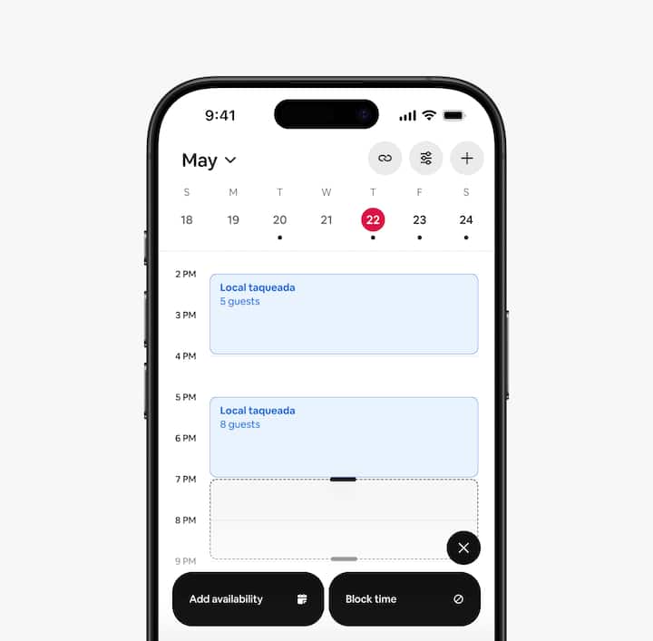 An in-app view of a host’s calendar showing synced events from Google Calendar.
