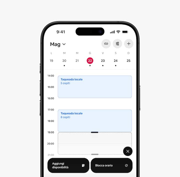 Una schermata dell'app che mostra il calendario di un host con gli eventi sincronizzati da Google Calendar.