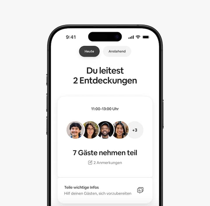 Eine Gastgeber:innenansicht der Airbnb-App, in der gezeigt wird, dass am aktuellen Tag mehrere Entdeckungen gebucht wurden und wie viele Gäste jeweils erwartet werden.