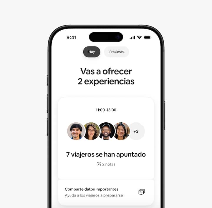 Vista desde el perfil de un anfitrión de la aplicación de Airbnb, donde se destaca que tiene varias experiencias reservadas para ese día y el número de viajeros que espera.