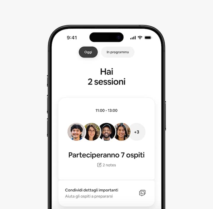 La schermata dell'app di Airbnb di un host che mostra le diverse esperienze prenotate per la giornata e il numero di ospiti previsti.