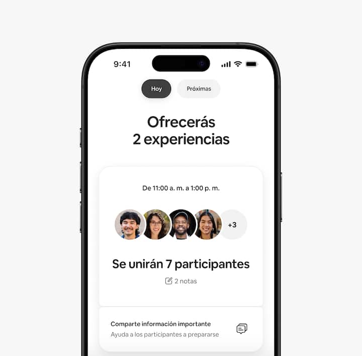 Vista del anfitrión en la app de Airbnb que destaca que tiene varias Experiencias reservadas para hoy y cuántos participantes vendrán.