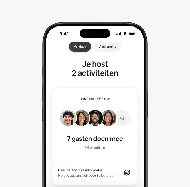 De Airbnb-app waarin wordt gemarkeerd dat er vandaag meerdere activiteiten zijn geboekt en hoeveel gasten verwacht worden, zoals de host die te zien krijgt.