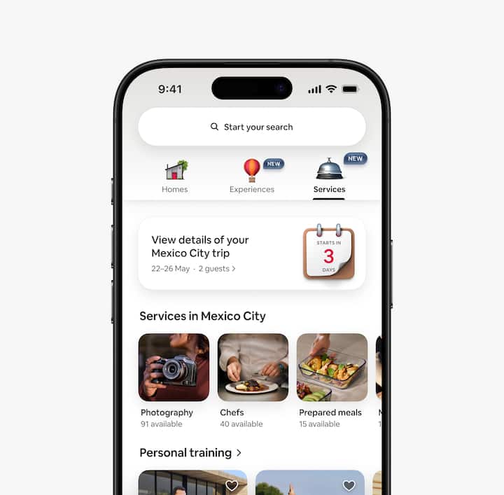 A guest’s view of the Services tab in the app highlighting an upcoming trip and showing relevant services in the area.