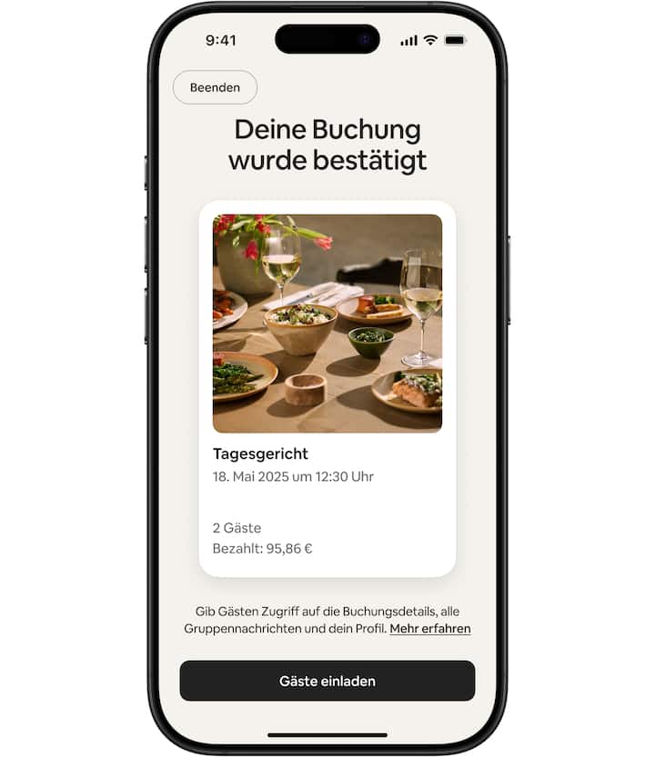 Die Airbnb-App zeigt die bereits bezahlte Buchung eines Services an.