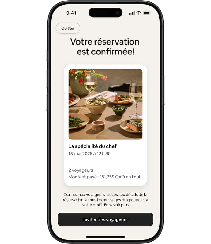 L'appli Airbnb montre un service qui a été réservé et payé.