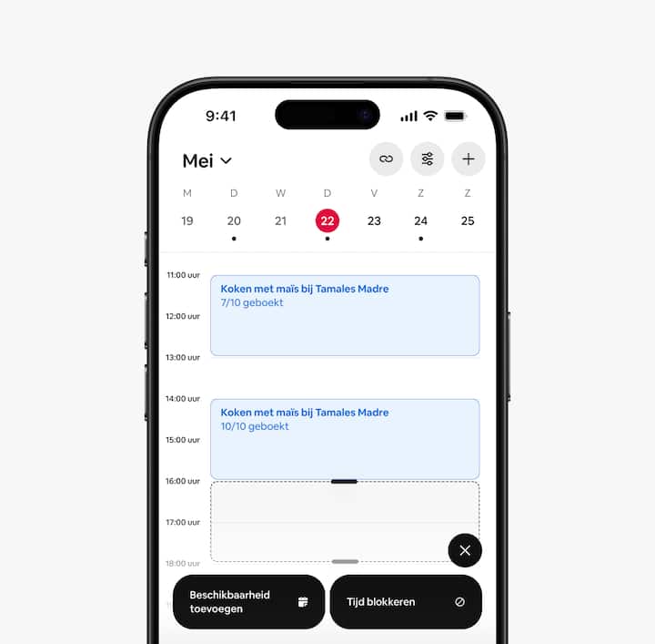 Een kalenderweergave waarin wordt laten zien hoe Airbnb met agenda's van hosts kan synchroniseren om boekingen in te vullen.