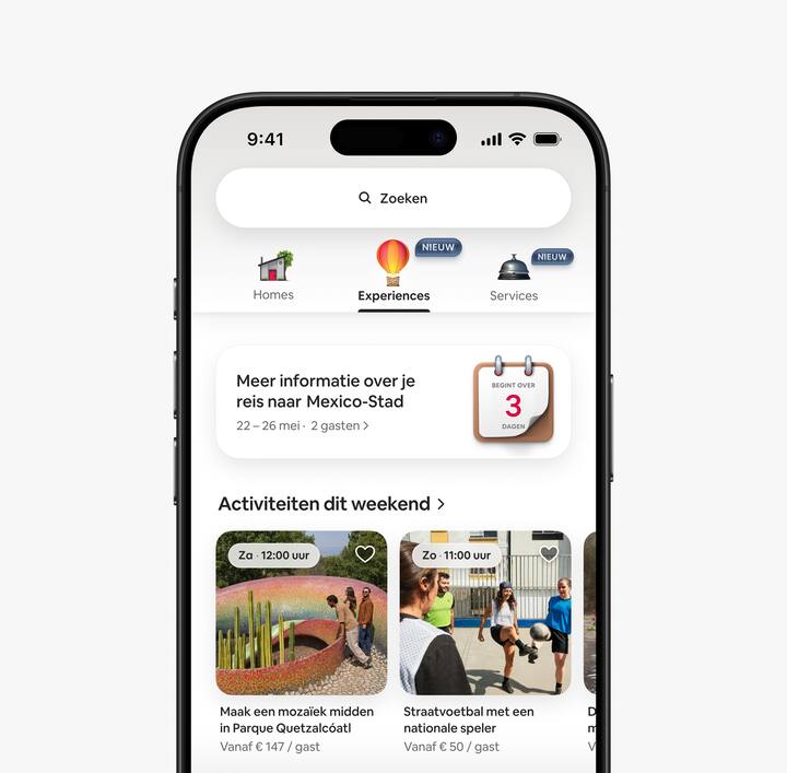 Het tabblad Experiences in de app gezien vanuit een gast, met activiteiten in de buurt die binnenkort plaatsvinden.